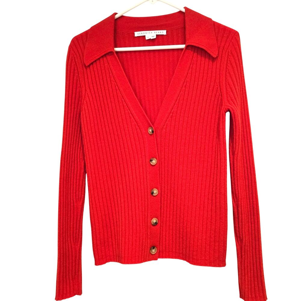 Veronica Beard Red Cashmere Lazana Cardigan Ribbed V-Neck Sweater Small - Picture 2 of 9